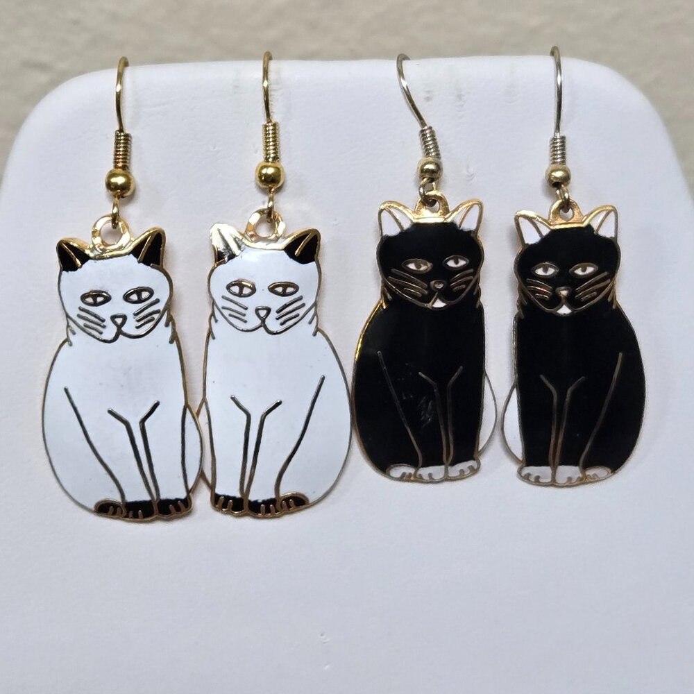 2 Pairs Cloisonne Cat Earrings - One Black and One White
